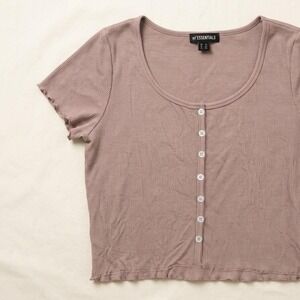 SWS Essentials Ribbed Button Front Scoop Neck Lettuce Edge Crop Top Mauve XL
